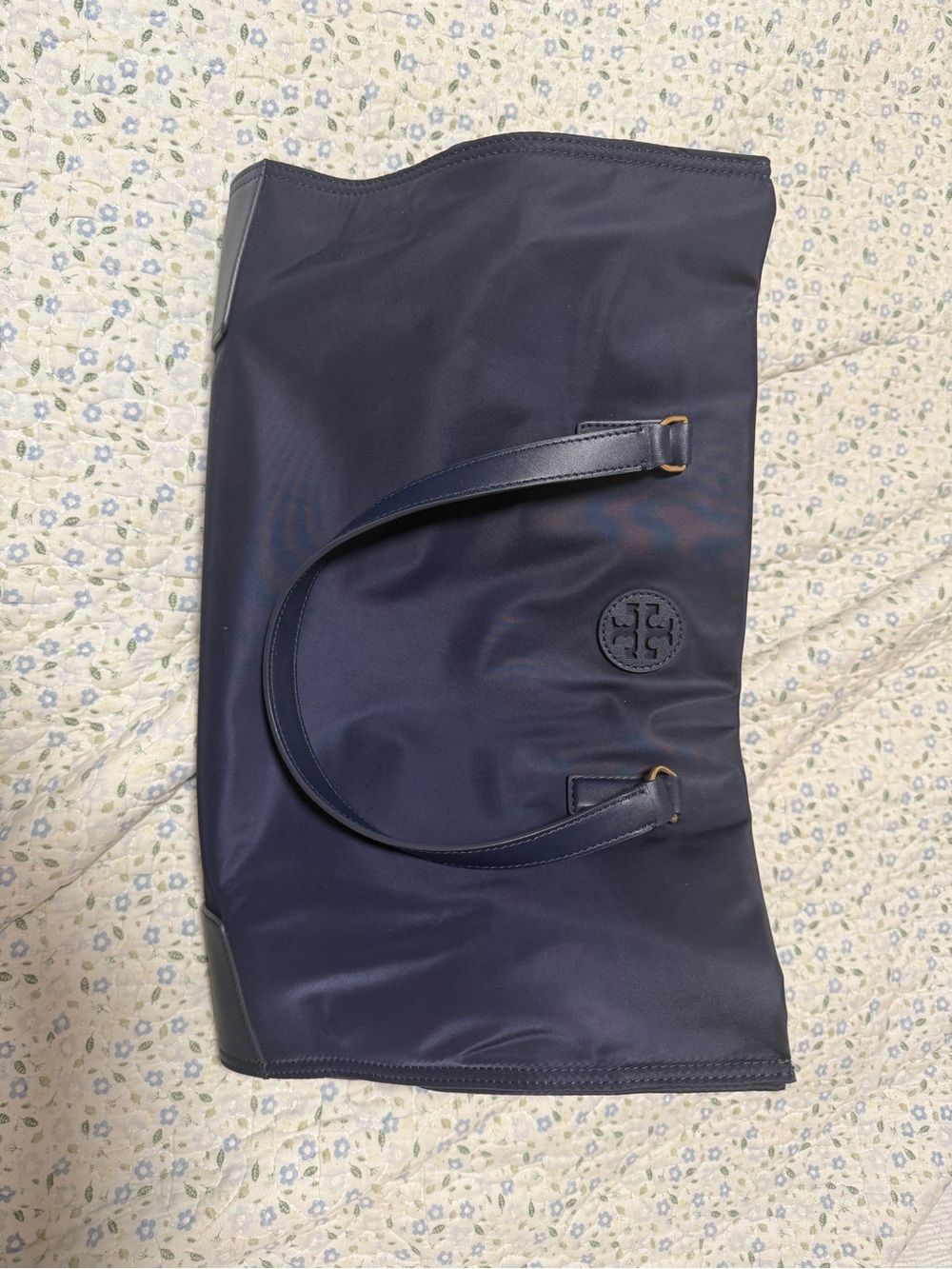 Tory Burch Navy Nylon Shoulder Tote with Logo Medallion